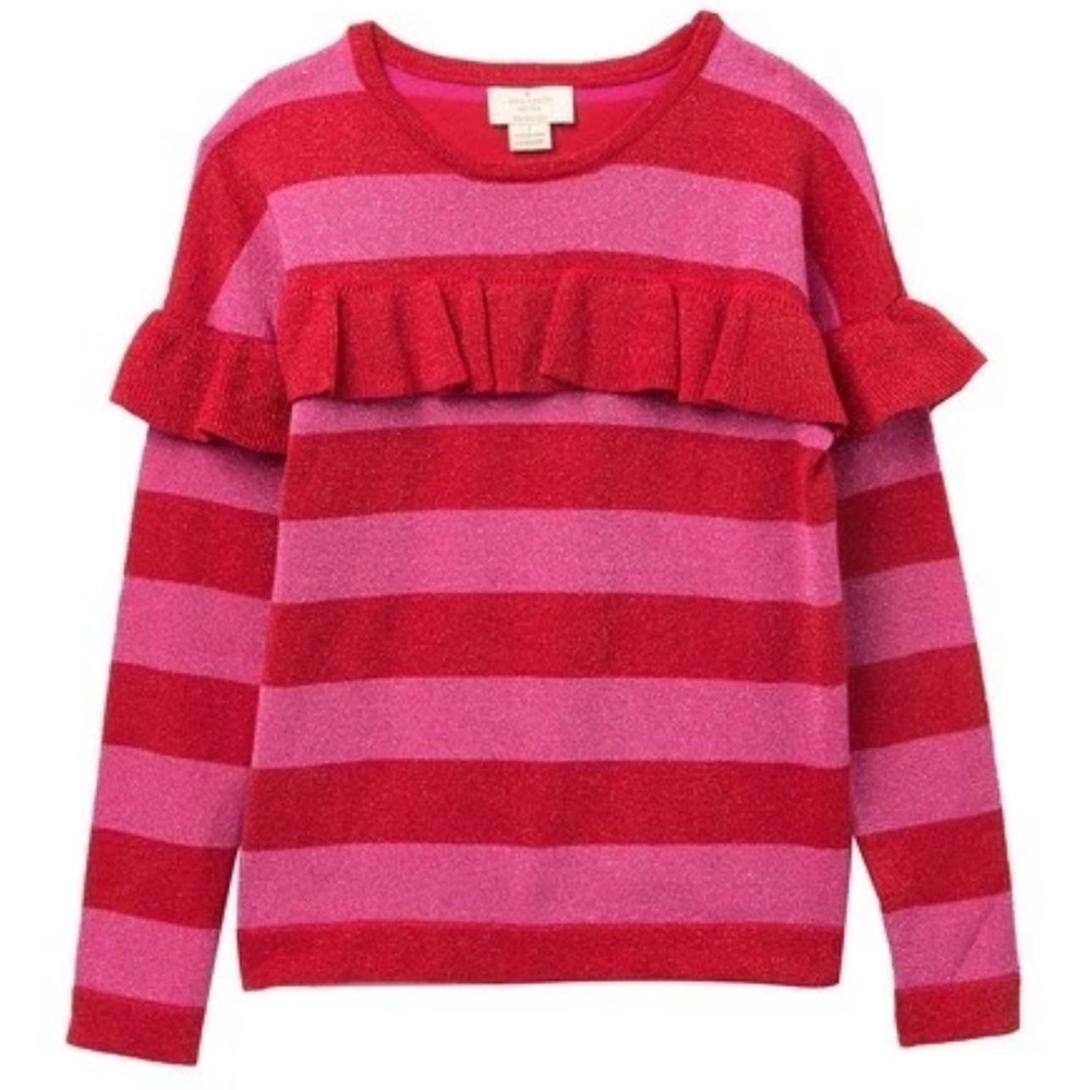 Kate Spade Girls Striped Metallic Ruffle Sweater Red Pink Sz 12